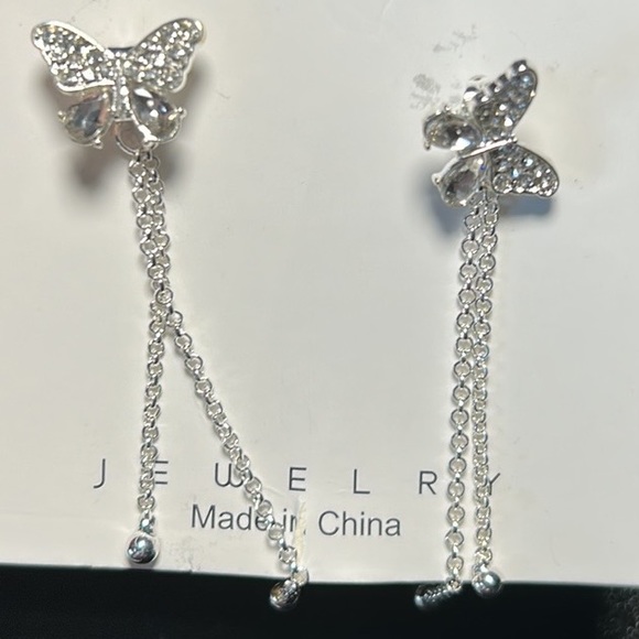 3/$25  Cubic Zirconia Butterfly Stud Earrings with Chain Decor Back - Picture 1 of 5
